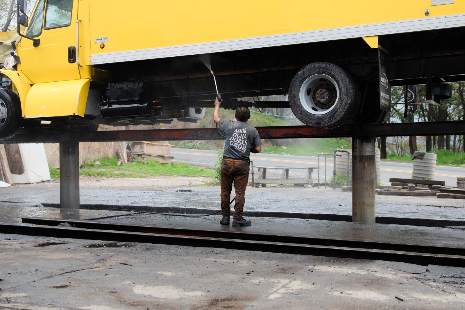 Commercial truck washing in progress